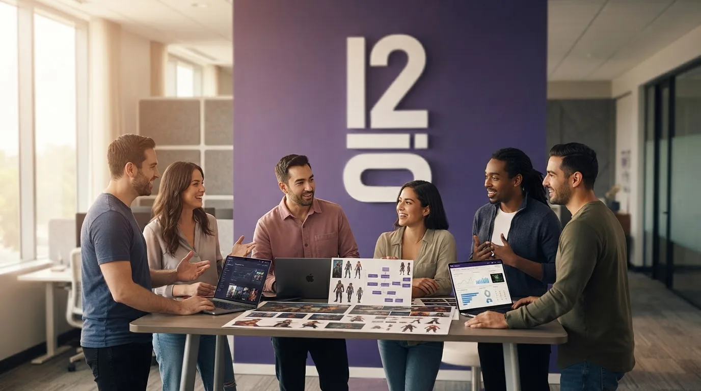 Twelvio marketing team collaborating in the office with the 12io mark behind them
